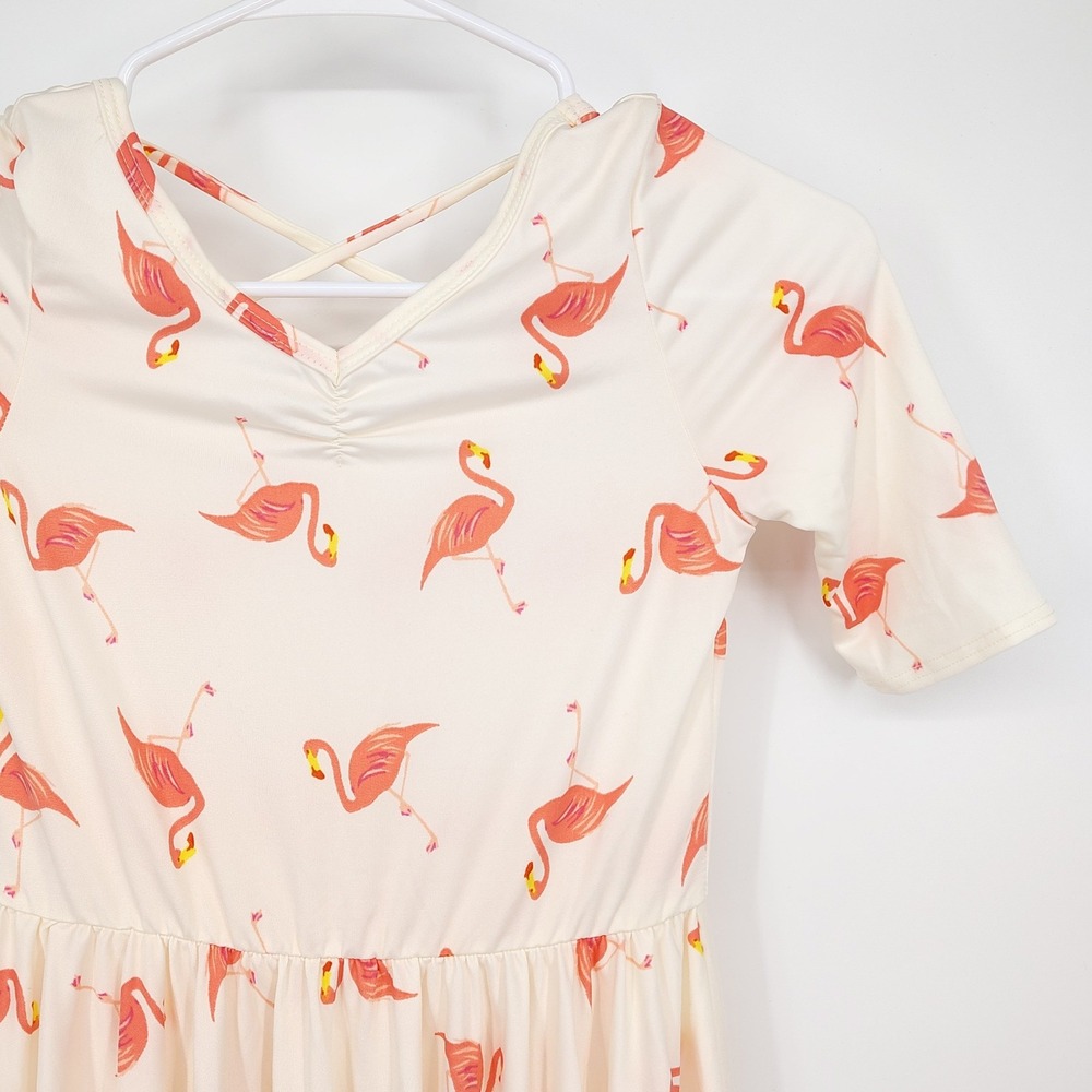 NWT Dot‎ Dot Smile Flamingo Dress Girls 8/10 White Pink Criss Cross Back Skater